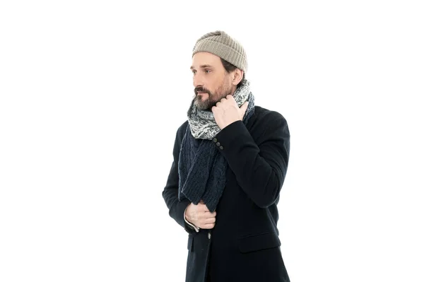 Studioaufnahme Eines Mannes Mit Warmer Kleidung Und Hut Mann Wintermode — Stockfoto