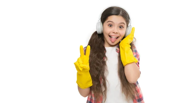 Machen Sie Den Haushalt Freudiger Reinigungsroutine Mädchen Tragen Kopfhörer Und — Stockfoto