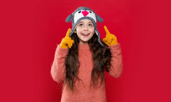 スタジオで10代の女の子がセーターと冬のファッション帽子を着るというアイデア 10代の女の子のための冬のファッション 冬のイヤフラップ帽子の10代の女の子のファッションモデル 冬のファッションの帽子の10代の女の子 — ストック写真