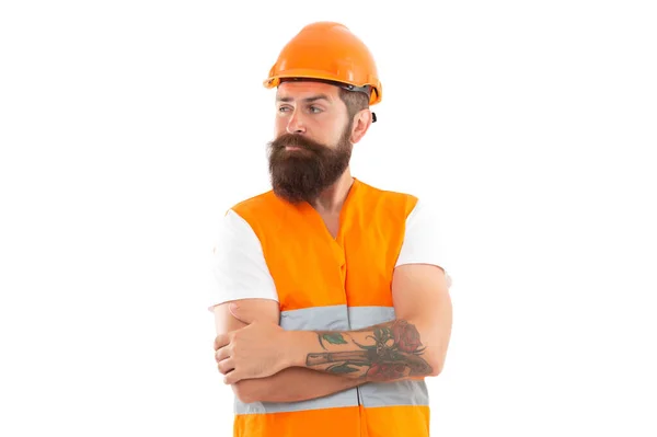 Wondered Bearded Supervisor Man Orange Vest Studio Shot Supervisor Man — Stock Photo, Image