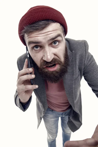 Mobiltelefonkonzept Wichtiges Gespräch Mann Bärtigen Hipster Halten Handy Weißen Hintergrund — Stockfoto