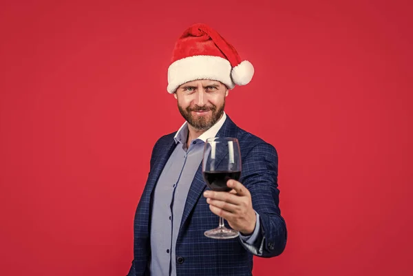 Gelukkig Nieuwjaar Knappe Man Pak Bedrijfsfeest Zakenman Met Kerstmuts Proost — Stockfoto