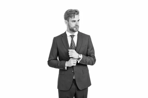 Mannelijke Formele Mode Baas Met Polshorloge Zelfverzekerde Zakenman Geïsoleerd Wit — Stockfoto