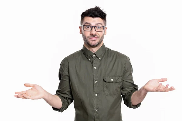 Verwirrter Mann Isoliert Auf Weißem Hintergrund Mann Mit Brille Studioaufnahme — Stockfoto