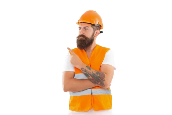 Ingénieur Homme Uniforme Doigt Pointeur Ingénieur Barbu Gilet Orange Plan — Photo