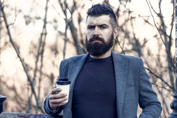 stock image Take break, drink coffee. Businessman drink coffee during work break. Brutal hipster enjoy coffee break. Break time. Morning. Breakfast. Drink and food.