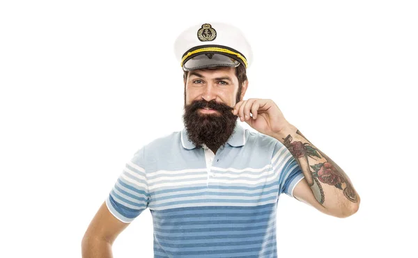 Man Bebaarde Kapitein Matroos Uniform Marine Cruise Oceaan Avontuur Concept — Stockfoto