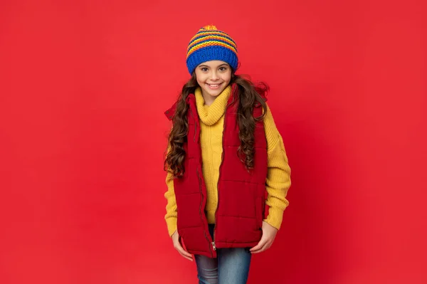 Cheerful Teen Girl Knitted Winter Hat Vest Red Background Childhood — Stock Photo, Image