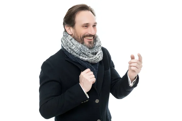 Ateljébild Lycklig Man Varma Kläder Man Vinter Mode Med Varma — Stockfoto