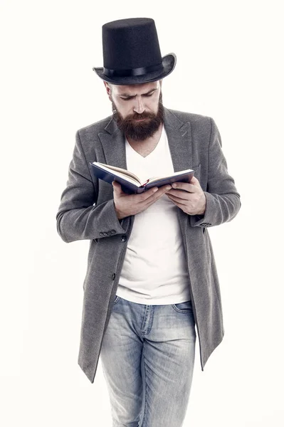 Perdido Leitura Homem Barbudo Leu Livro Homem Usar Chapéu Superior — Fotografia de Stock