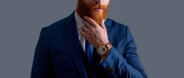 Takım elbise ve iş CEO 'su. Takım elbiseli CEO 'nun gri arka planda izole edilmiş görüntüsü. İş CEO 'su resmi kıyafet giyer. Stüdyo CEO 'su..
