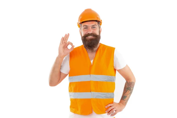 Glad Arbetare Isolerad Vit Bakgrund Arbetare Uniform Skäggig Arbetare Orange — Stockfoto