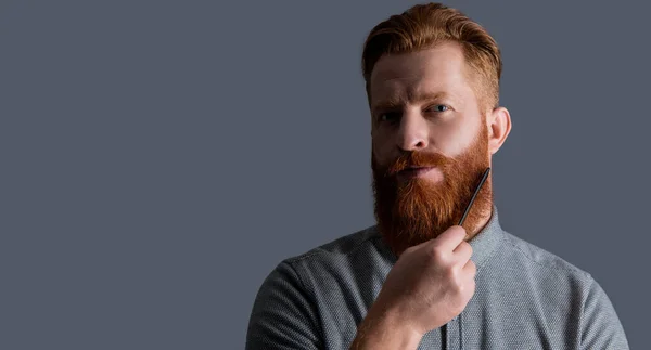 Bearded Man Combing Beard Isolated Grey Background Copy Space Man — Stock Photo, Image