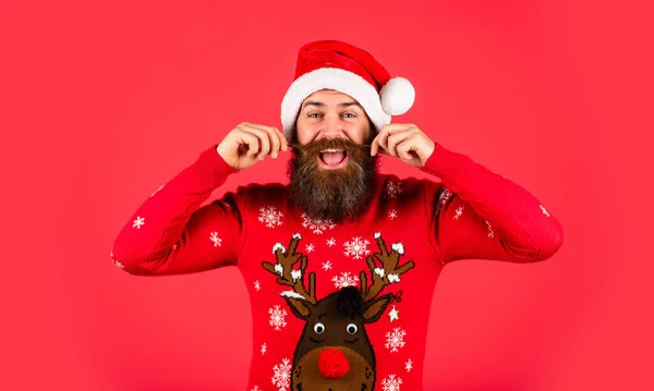 Bearded Man Santa Hat Changes Improvements Winter Holiday Fun Emotional — Stock Photo, Image