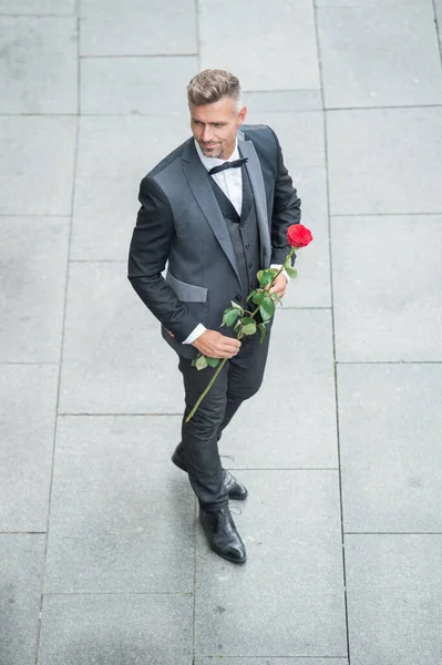 elegant man in tuxedo. man wearing bowtie suit outdoor. handsome tuxedo man with red rose.