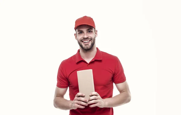 Serviço Qualidade Prometido Serviço Entrega Homens Tipo Feliz Tem Pacote — Fotografia de Stock
