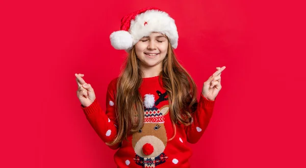 Happy New Year Teen Girl Santa Claus Hat Make Wish — Stock Photo, Image