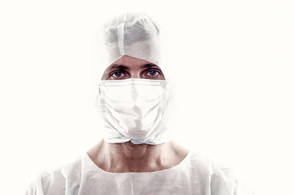 กระบาดว ทยาแพทย ชายสวมหน ากากช วยหายใจและช องก นความปลอดภ ยระหว างการสร างว — ภาพถ่ายสต็อก