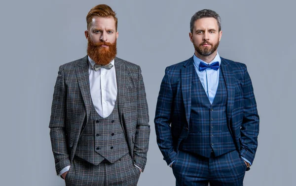 Studio Shot Men Wearing Formalwear Hold Hands Pockets Elegant Men — Stock Photo, Image
