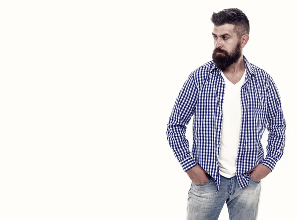 Caucasian Guy Beard Mustache Isolated White Copy Space Male Fashion — Stock Photo, Image