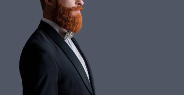 İrlandalı adam tıraş edilmemiş sakallı yüz profil stüdyosu Griler 'de izole edilmiş. Smokinli, kızıl sakallı ve bıyıklı sakallı bir erkek. Şık sakal, kopyalama alanı.