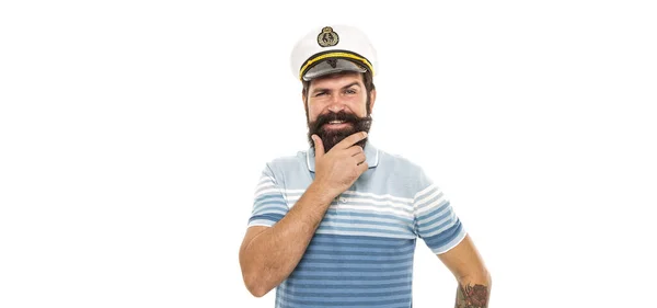 ひげの規則だ ヒップスターひげを持つ幸せな船員 白に隔離された海軍の制服の髭の男 バーバーショップ 髭の床屋 髭のグルーミング 海の航海 海の冒険だ 帆を張れ — ストック写真