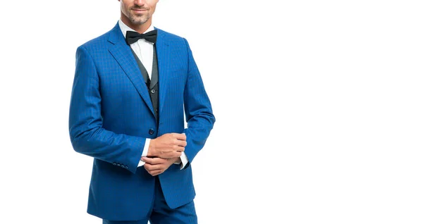 Homem Cortado Terno Azul Gravata Borboleta Homem Negócios Isolado Branco — Fotografia de Stock