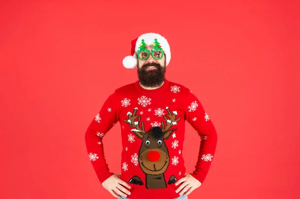 Positive Brutal Hipster Man Santa Hat Party Glasses Red Background — Stock Photo, Image