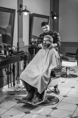Yeni saç kesimi zamanı. Berber dükkanında saçını kesen sakallı bir hippi. Profesyonel kuaförlük işi. Yaşam tarzı. Usta berber saç stilini ve saç stilini kurutma makinesiyle yapıyor. Berber Dükkanı.