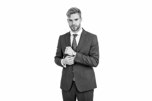 Säker Framgångsrik Affärsman Affärsmässiga Kostym Och Armbandsur Isolerad Vit Klädkod — Stockfoto