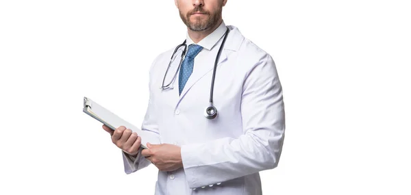 Beskärd Läkare Med Urklipp Läkare Isolerad Vitt Läkare Hålla Journaler — Stockfoto