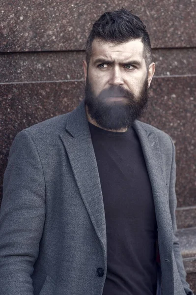 Bearded Hipster Guy Stylish Hairdo Wear Jacket Jeans Having Little — Stock Photo, Image