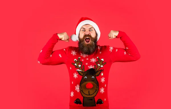 Christmas Time Emotional Brutal Hipster Favorite Winter Sweater Red Background — Stock Photo, Image