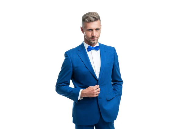 Ehrgeiziger Geschäftsmann Blauen Smoking Anzug Mit Nackenschleife Auf Weißem Hintergrund — Stockfoto