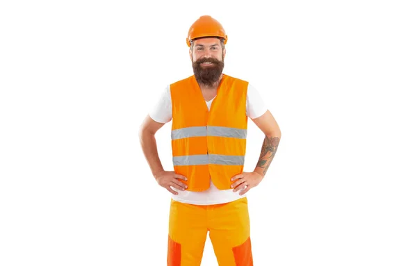 Positive Builder Isolated White Background Builder Man Uniform Bearded Builder — Stock Photo, Image