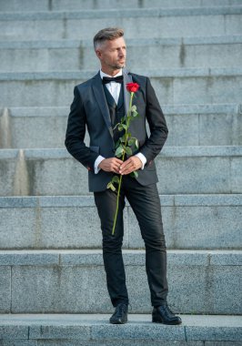 Aşk randevu konsepti. Aşk gülü olan smokinli bir adam. Aşk günü için çiçek hediyesi..