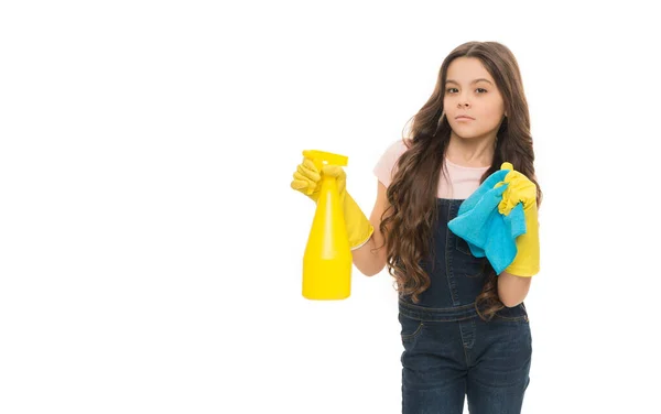 serious cleaner girl wear cleaning gloves in studio. photo of cleaner girl with cleaning gloves. cleaner girl in cleaning gloves with copy space. teen girl cleaner in cleaning gloves isolated on white