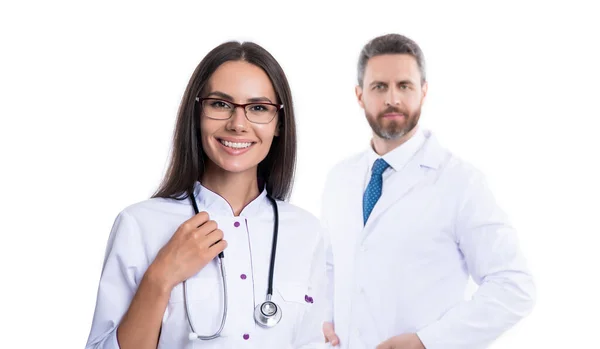 Selective Focus Happy Woman Doctor Cardiologist Stethoscope Man Cardiologist Doctor — Stock Photo, Image