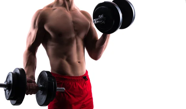 Mens Heeft Sterke Biceps Triceps Sportbeoefening Studio Sportman Met Halter — Stockfoto