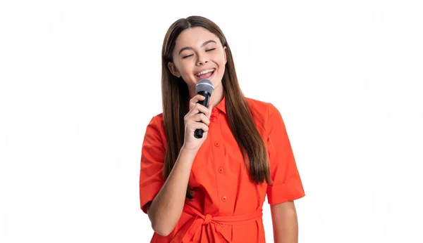Fröhliche Teenie Sängerin Mit Singendem Mikrofon Foto Der Sängerin Teenager — Stockfoto