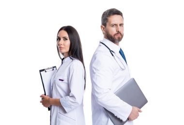 doctor and internist isolated on white background. doctor with internist in studio. photo of doctor and internist wear white coat. internist and doctor with laptop and anamnesis. clipart