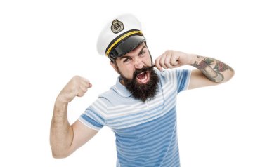 Denizlerin efendisi. Kaptan yolcu gemisi. Vahşi denizci beyazüzerinde izole edilmiş. Kaptan kavramı. Geminin sakallı kaptanı. Deniz gezisi. Seyahat konsepti. Yaz tatili. Hipster sakal bıyık denizci şapka.