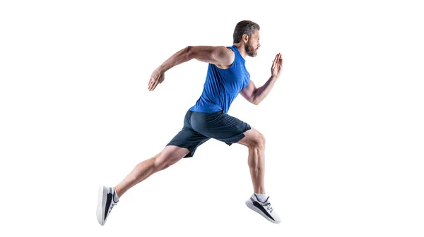 スタジオで走る精力的なスポーツマンのランナー スポーツマンランナーはスポーツウェアを着て スポーツマンランナーの動き写真 白地に隔離されたスポーツマン — ストック写真