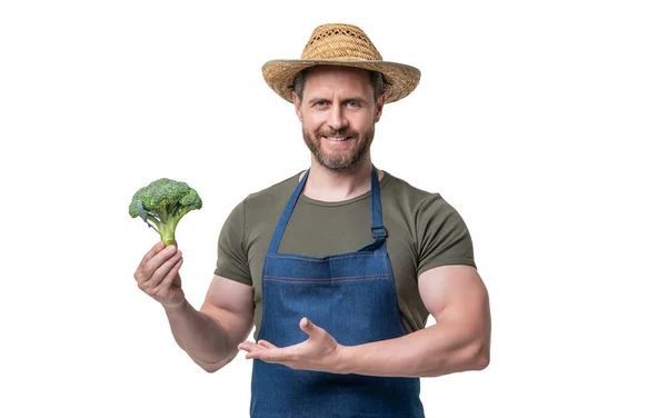 Zelinářství Zástěře Klobouku Prezentující Brokolici Zelenina Izolované Bílém — Stock fotografie
