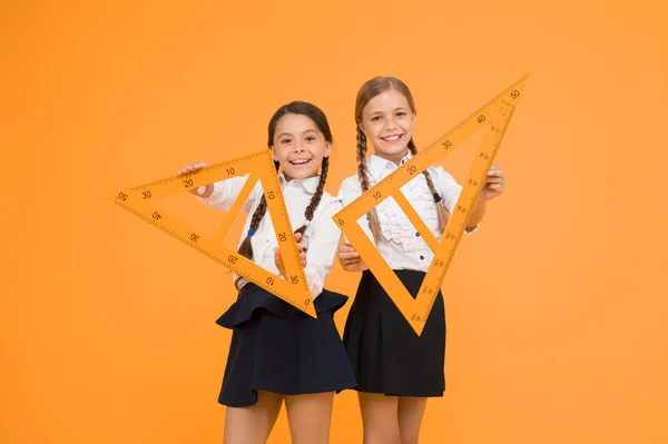 Pupil School Girls Big Rulers School Knowledge Explore World Math — Stock Photo, Image