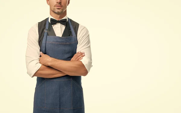 Hospitality staff. Barista handsome worker. Man cook wear apron. Mature  barista. Restaurant staff. Hipster professional barista apron uniform.  Waiter or bartender. Cafe bar barista job position Stock Photo by ©stetsik  420619006