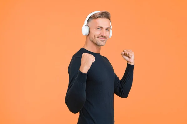 Handsome Happy Male Nice Smile Demonstrate High Quality Headset Being — Stock Photo, Image