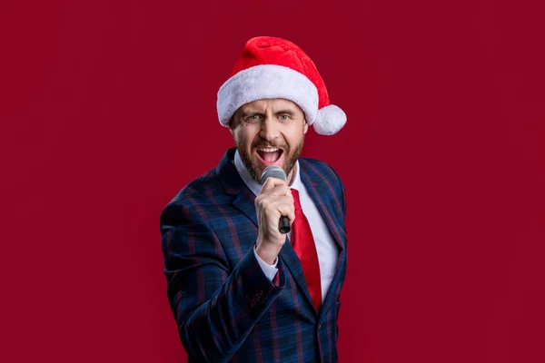 Χαρούμενα Χριστούγεννα Διοργανωτής Εκδήλωση Άνθρωπος Τραγουδούν Σάντα Καπέλο Διοργανωτής Της — Φωτογραφία Αρχείου