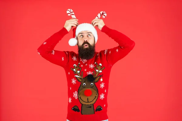 一个成熟的家伙 有红色背景的节日装饰 新年快乐 快乐的圣诞节 戴着圣塔克洛斯帽 留着胡子的滑稽男子 穿着冬季针织圣诞毛衣的野蛮嬉皮士 — 图库照片