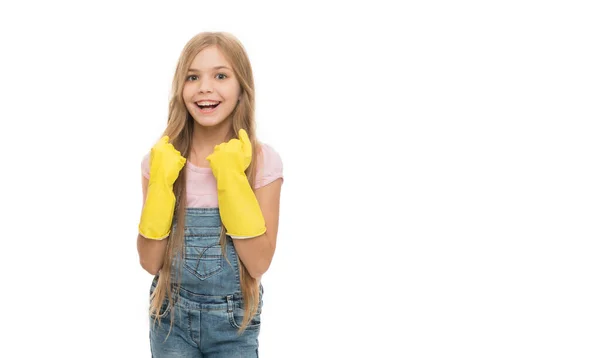 Sorrindo Menina Limpador Luvas Limpeza Com Espaço Cópia Adolescente Menina — Fotografia de Stock